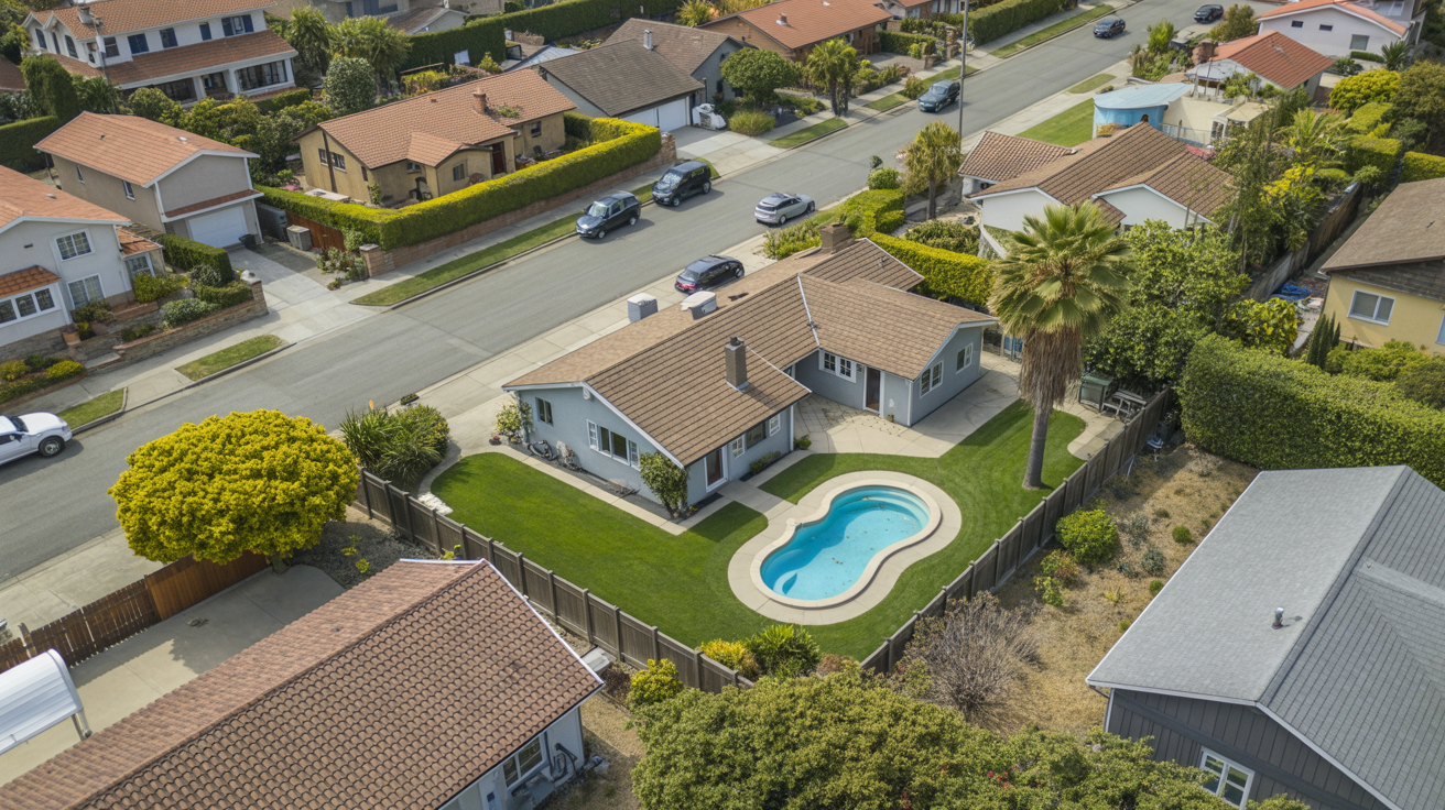 Aerial view of a detached ADU in a residential backyard