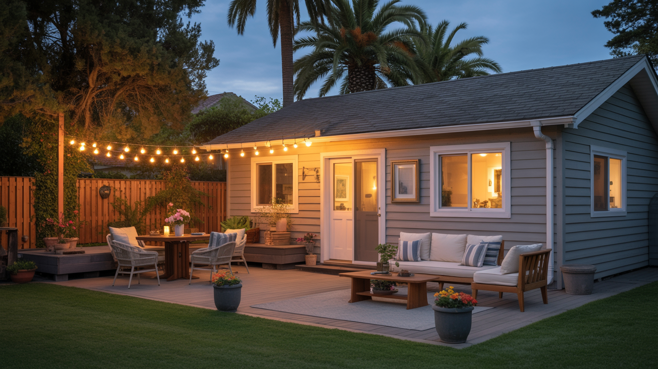 Detached backyard ADU at dusk with warm interior lighting and modern exterior