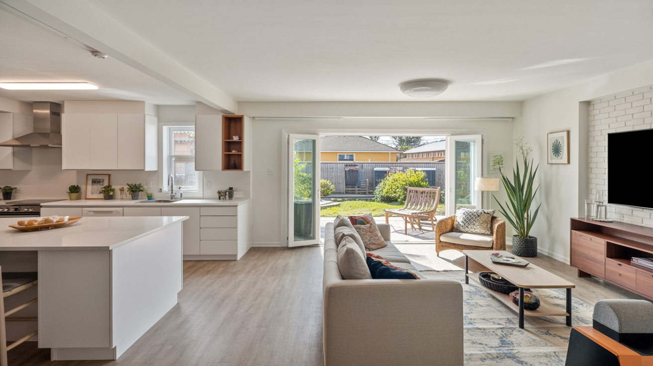 ADU interior living area with open layout and large windows