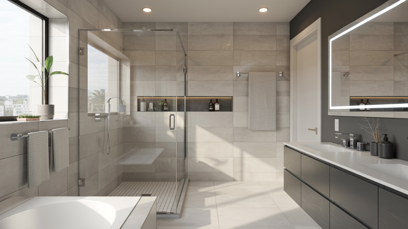 Bathroom design visualization showing modern vanity and walk-in shower