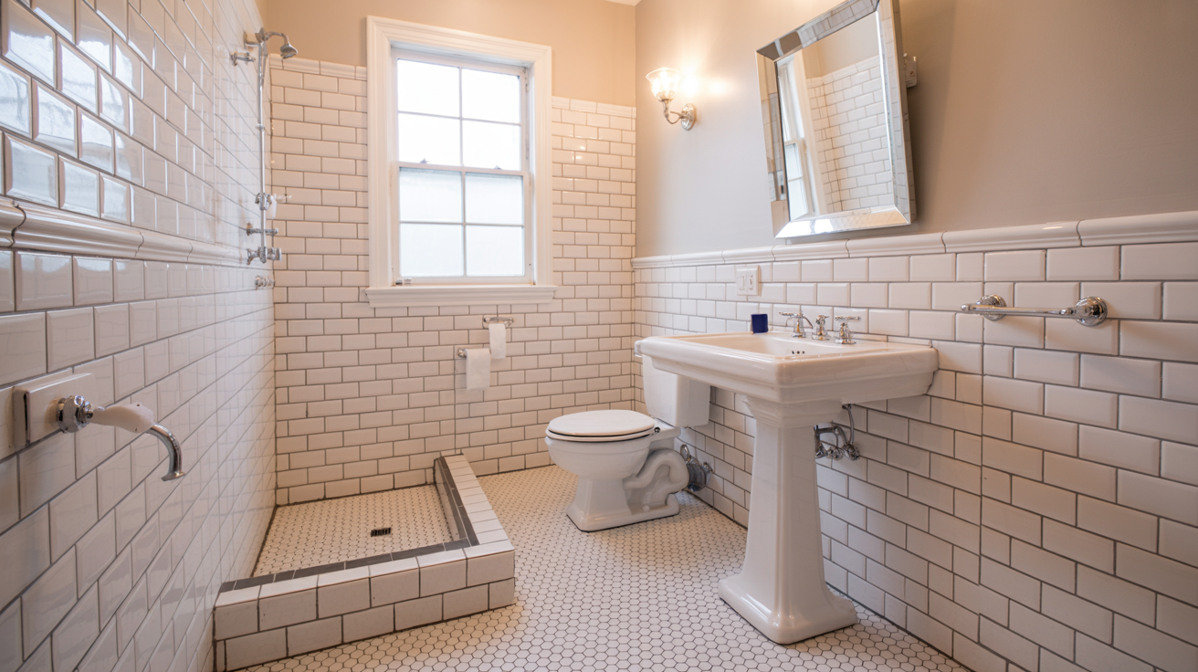 Compact bathroom transformed with bright tile, efficient layout, and modern fixtures