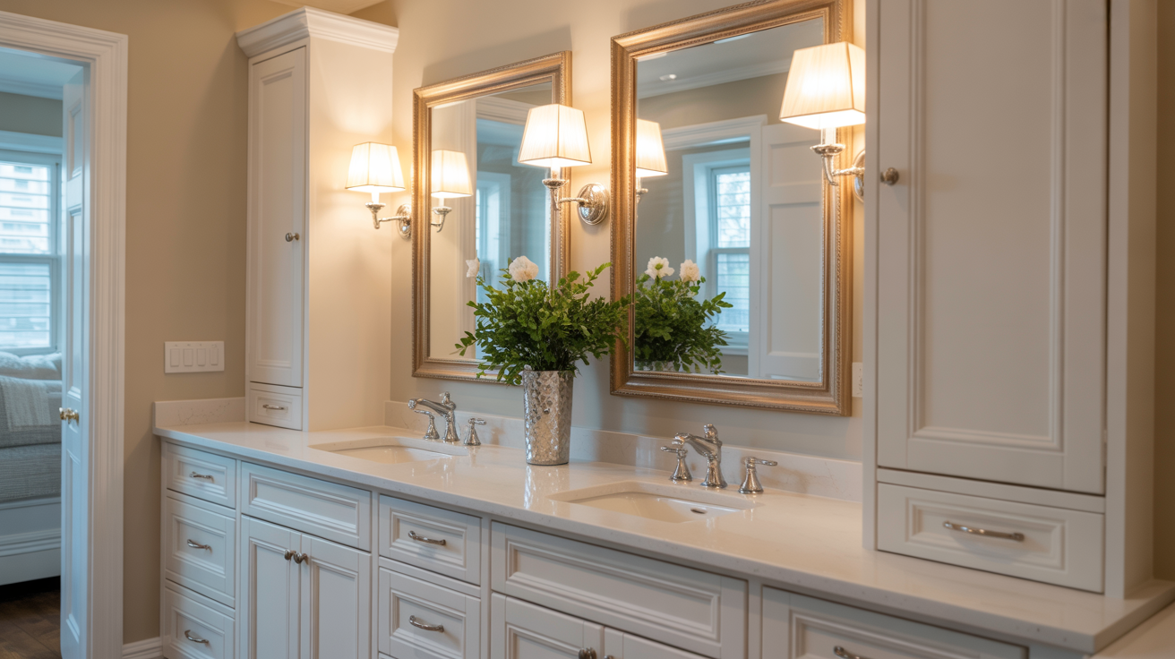 Detail of a custom double vanity with quartz countertop and designer fixtures