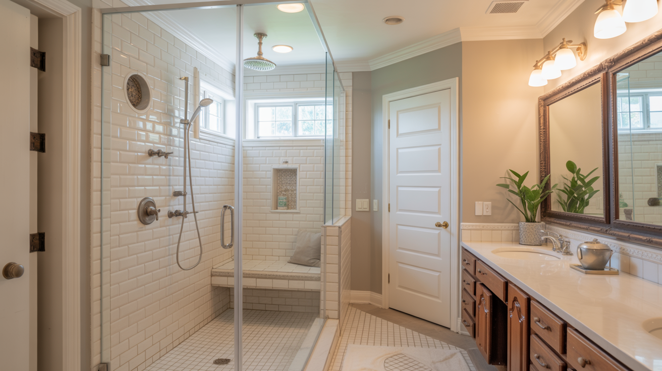 Spacious walk-in shower with bench seating, niche, and rainfall showerhead